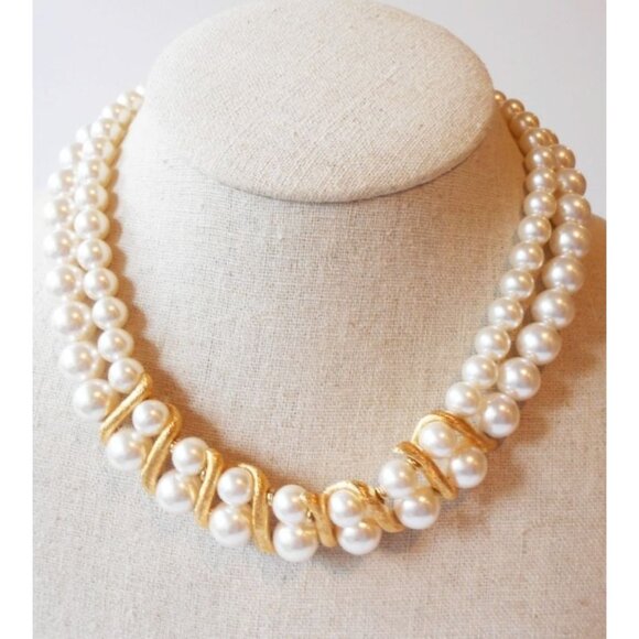 Napier Jewelry - Vintage 90's Napier Double Rope Pearl Gold Choker Necklace